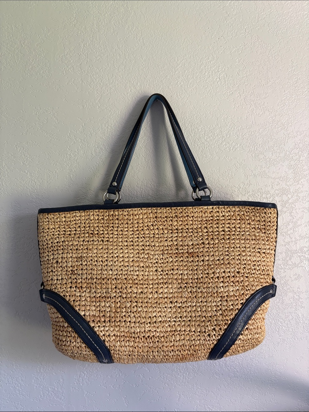 Coach Legacy Raffia natural/navy Straw leather pocket tote bag - Picture 12 of 15